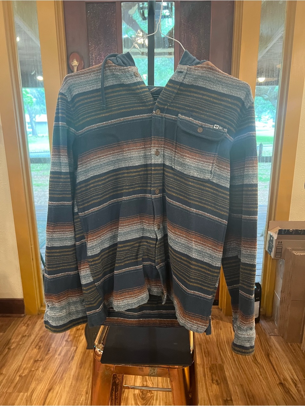 Salty Crew Striped Hooded Shirt Jacket - Navy, Rust, Cream